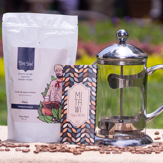 Combo esencial (Prensa + café molido + chocolate de cacao)
